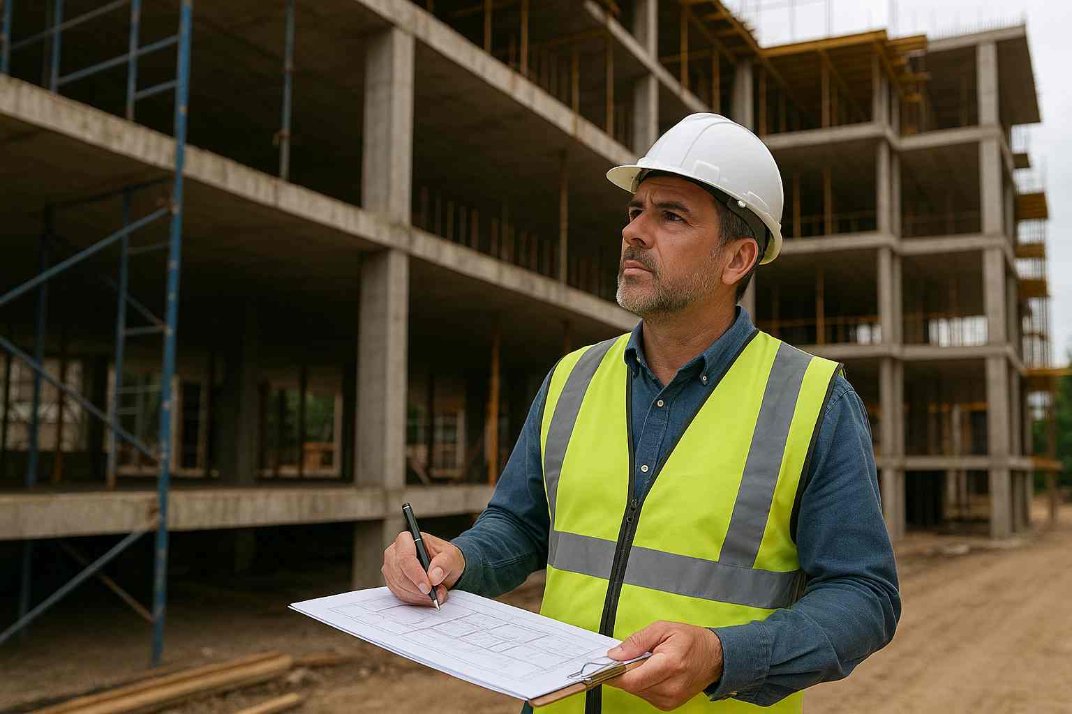 Site QC engineer inspecting a multi-storey building under construction, holding drawings and a checklist while wearing a hard hat and high-visibility vest on a real construction site.