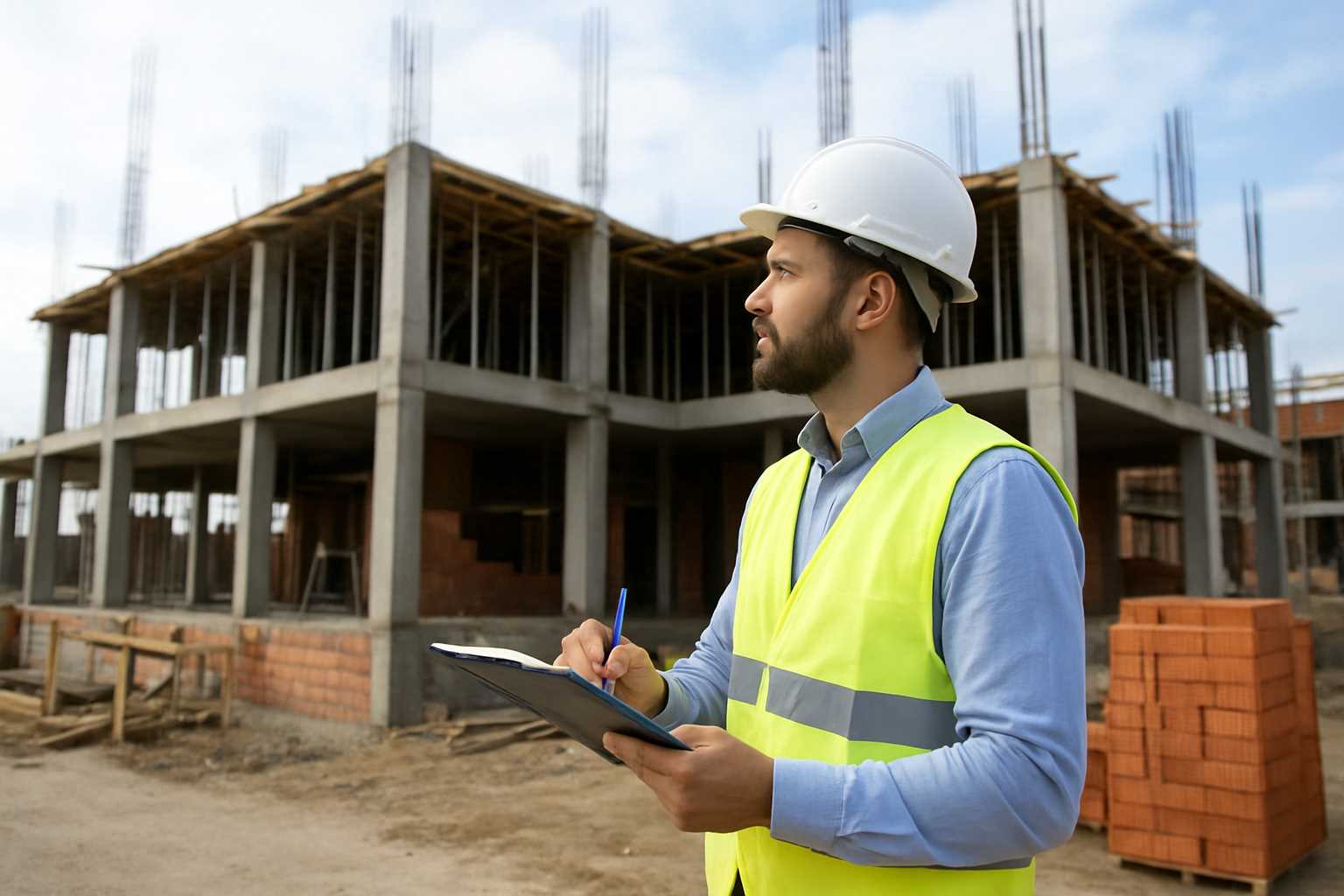 Architect inspecting construction site with safety helmet and reflective vest, reviewing progress with a clipboard in front of an under-construction building.