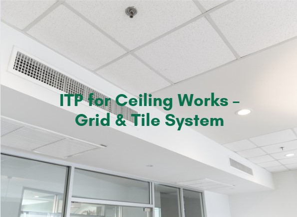 A modern office interior showing a suspended grid and tile ceiling system with acoustic panels, air-conditioning vents, and recessed lighting, with the text “ITP for Ceiling Works – Grid & Tile System” displayed at the center.