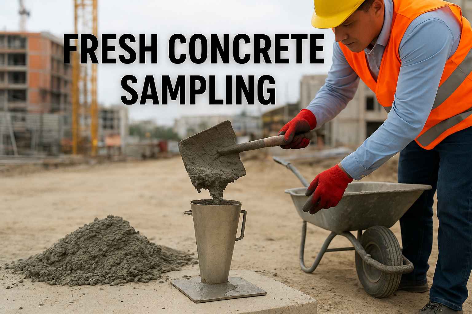 Construction worker performing fresh concrete sampling using a slump cone test on a building site, pouring concrete with a shovel while wearing safety gear, with the title “Fresh Concrete Sampling” displayed above.