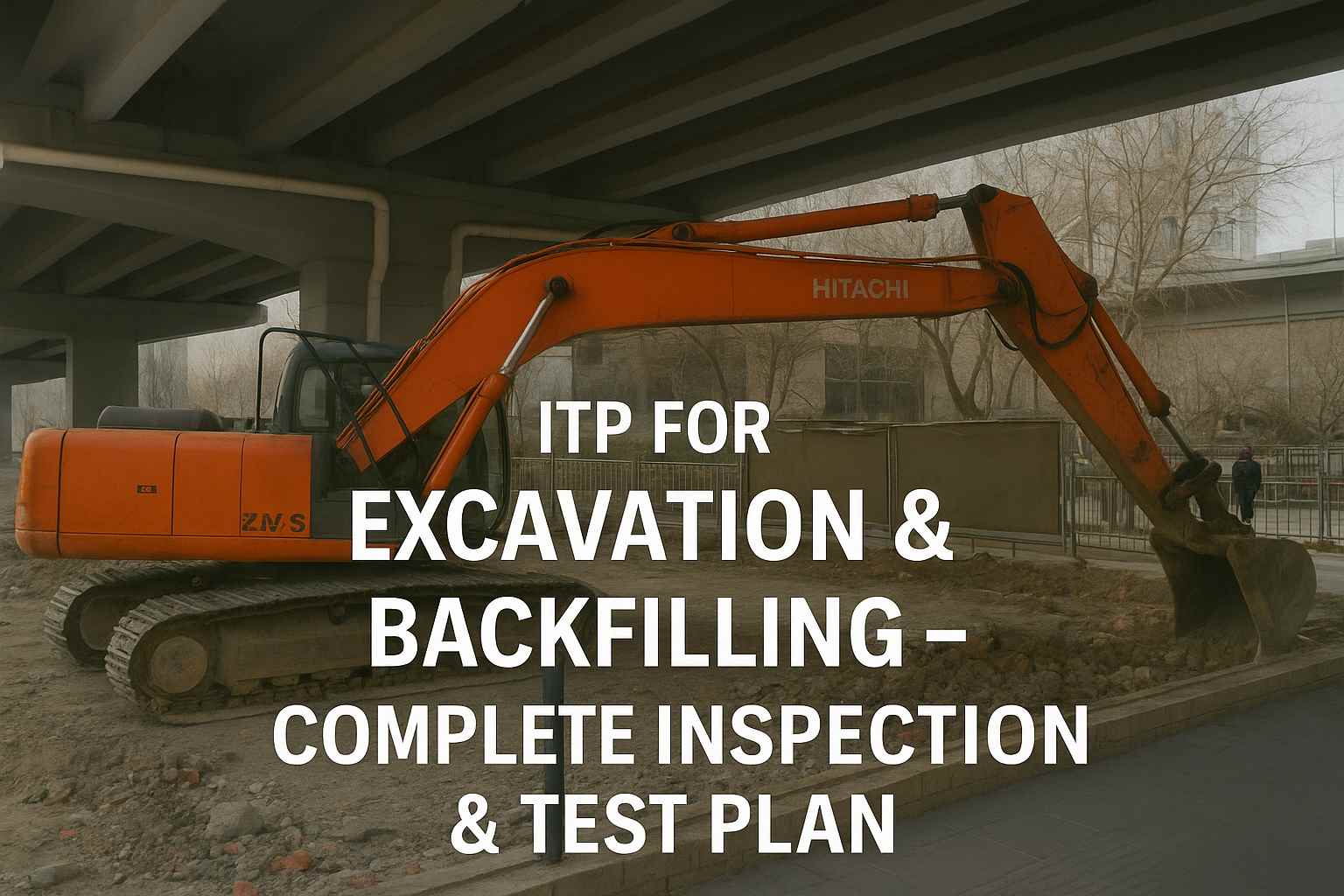 Orange Hitachi excavator performing excavation work under a bridge, used as a featured image for the ITP for Excavation & Backfilling – Complete Inspection & Test Plan.