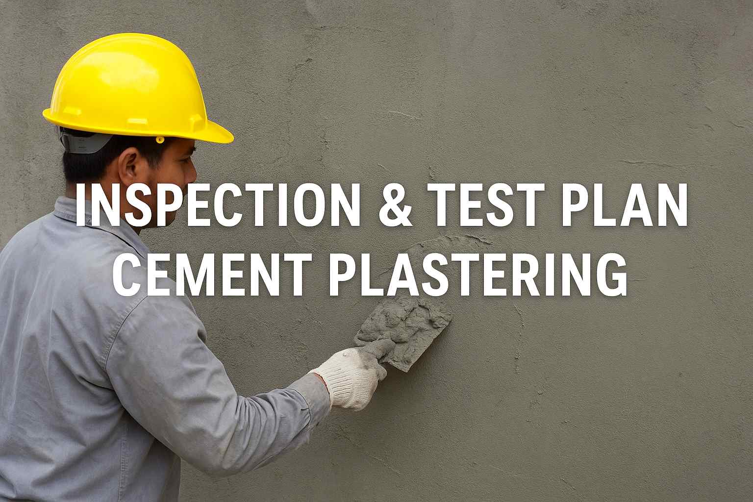 A construction worker wearing a yellow safety helmet applies cement plaster to a wall using a trowel, with the title “Inspection & Test Plan – Cement Plastering” displayed across the image.