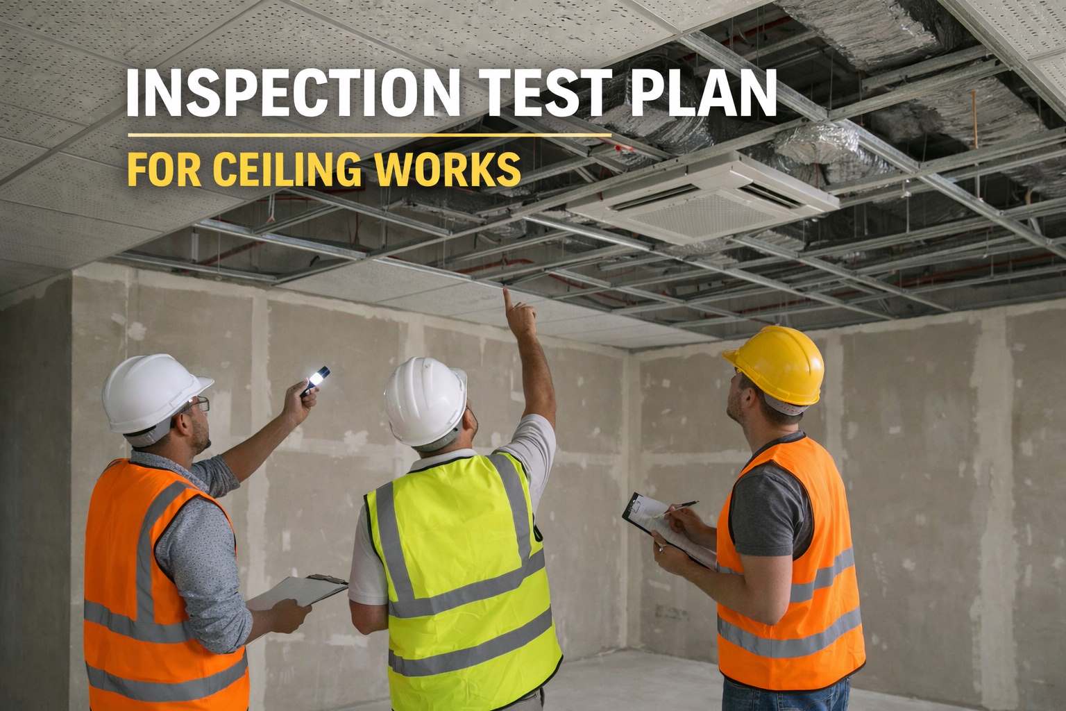 Inspection test plan for ceiling works showing engineers inspecting suspended ceiling framework, services, and alignment during installation.