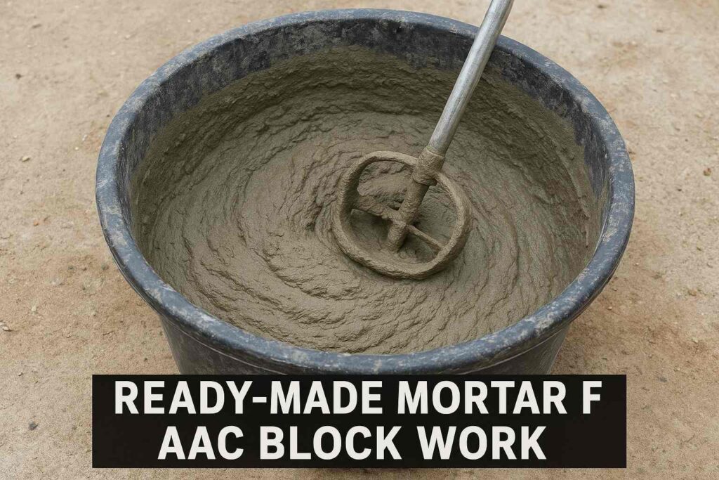 Ready-made mortar being mixed in a tub using a mechanical stirrer for AAC block masonry work. - AAC block work method statement