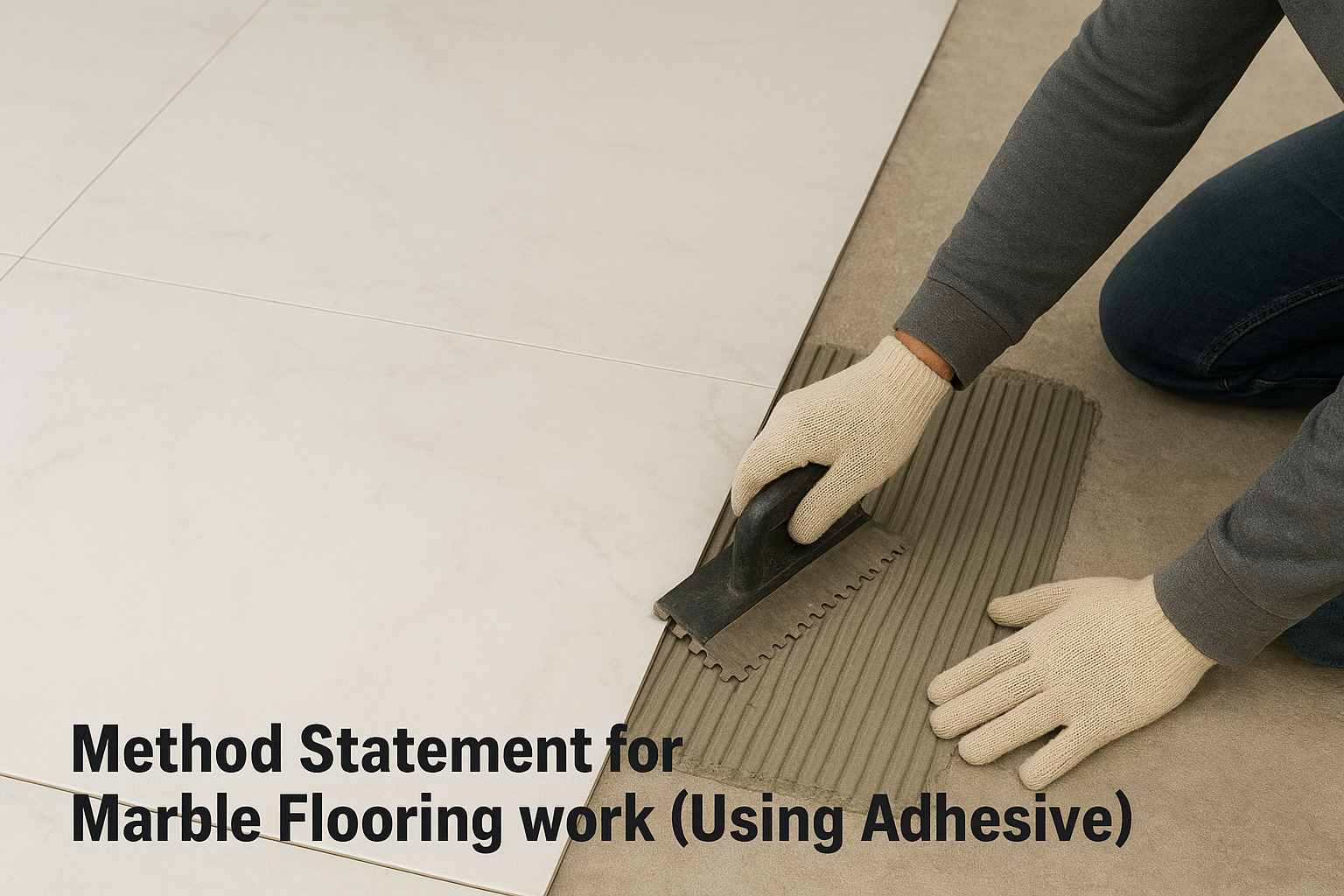 Worker installing designed marble tiles using notched trowel and adhesive, with visible veined marble pattern and floor preparation process.