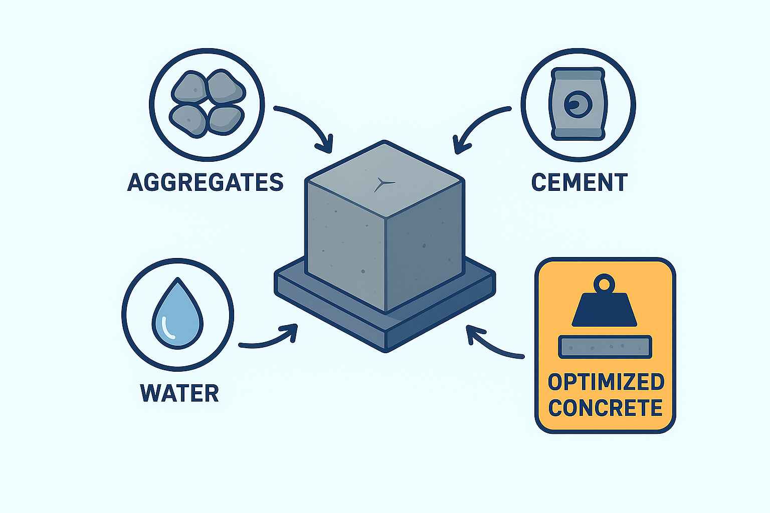 Infographic illustrating optimization of concrete mix design with icons showing aggregates, cement, and water combining to form optimized concrete