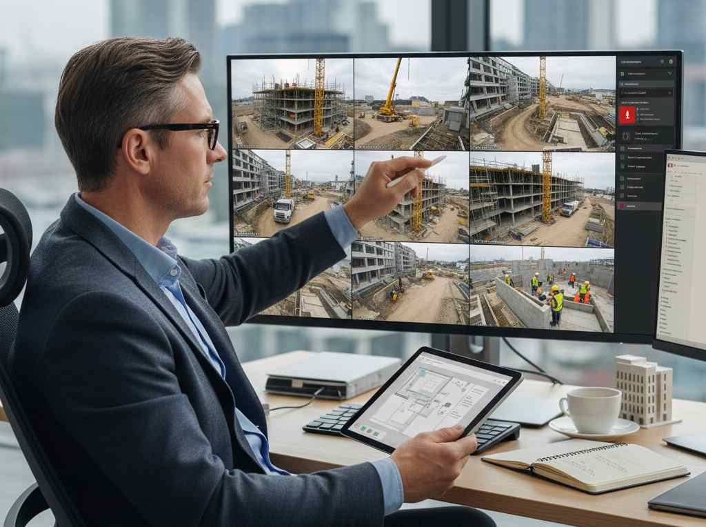 Inspection AND TEST Plan -A project manager or engineer seated in a modern office, monitoring live feeds of the construction site on multiple screens, demonstrating remote surveillance and intermittent monitoring of work in progress