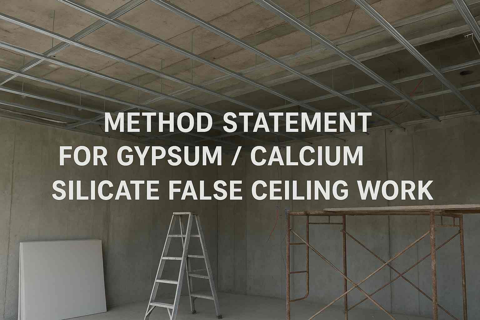 Construction site showing exposed GI grid framework for gypsum false ceiling installation, with ladder, scaffolding, gypsum boards, and the method statement title displayed across the image. qa/qc in construction