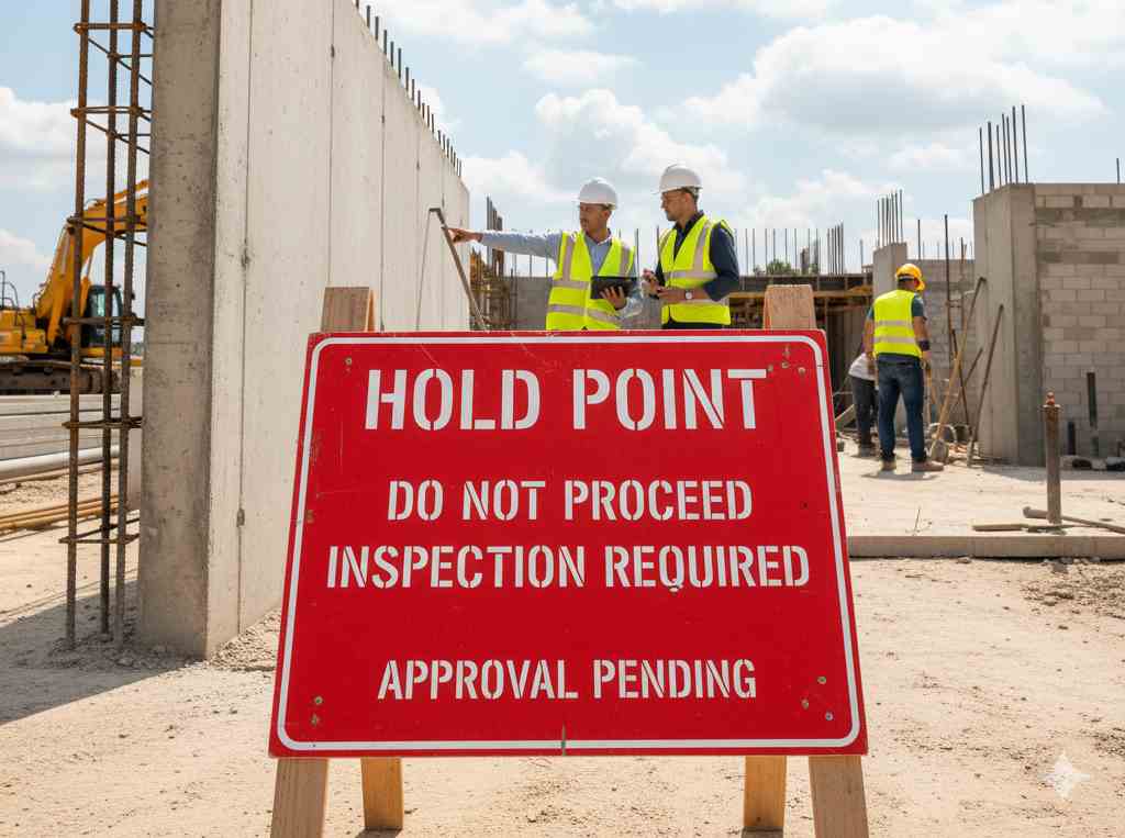 Inspection AND TEST Plan -A red 'HOLD POINT - DO NOT PROCEED - INSPECTION REQUIRED - APPROVAL PENDING' sign prominently placed on a construction site, with engineers in hard hats and safety vests reviewing a concrete wall in the background.