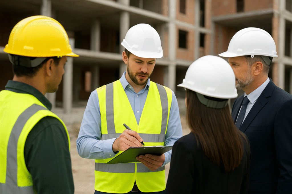 Inspection AND TEST Plan -Construction engineers and consultants conducting a site inspection with clipboard and safety gear at an under-construction building.