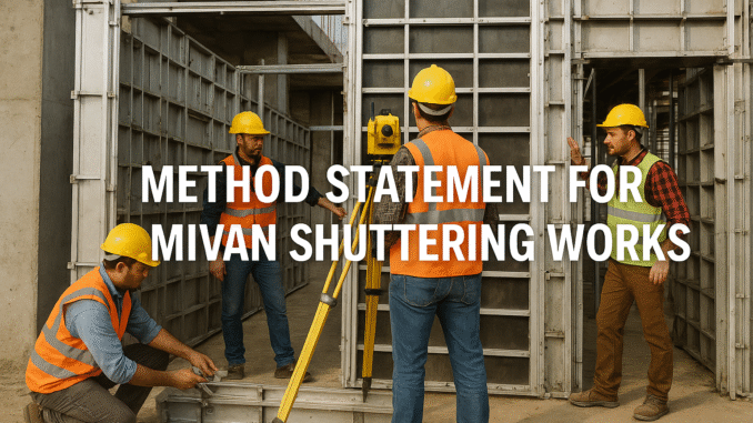 MIVAN shuttering work in progress with engineers supervising aluminium formwork installation at construction site.