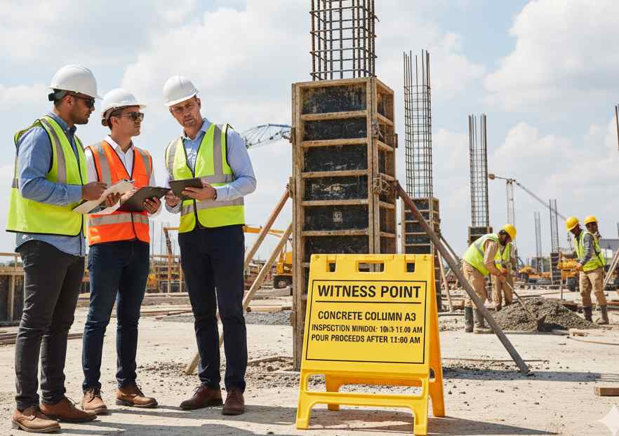 Inspection AND TEST Plan -Construction site team viewing work at a Witness Point, where observation is optional for the inspecting party