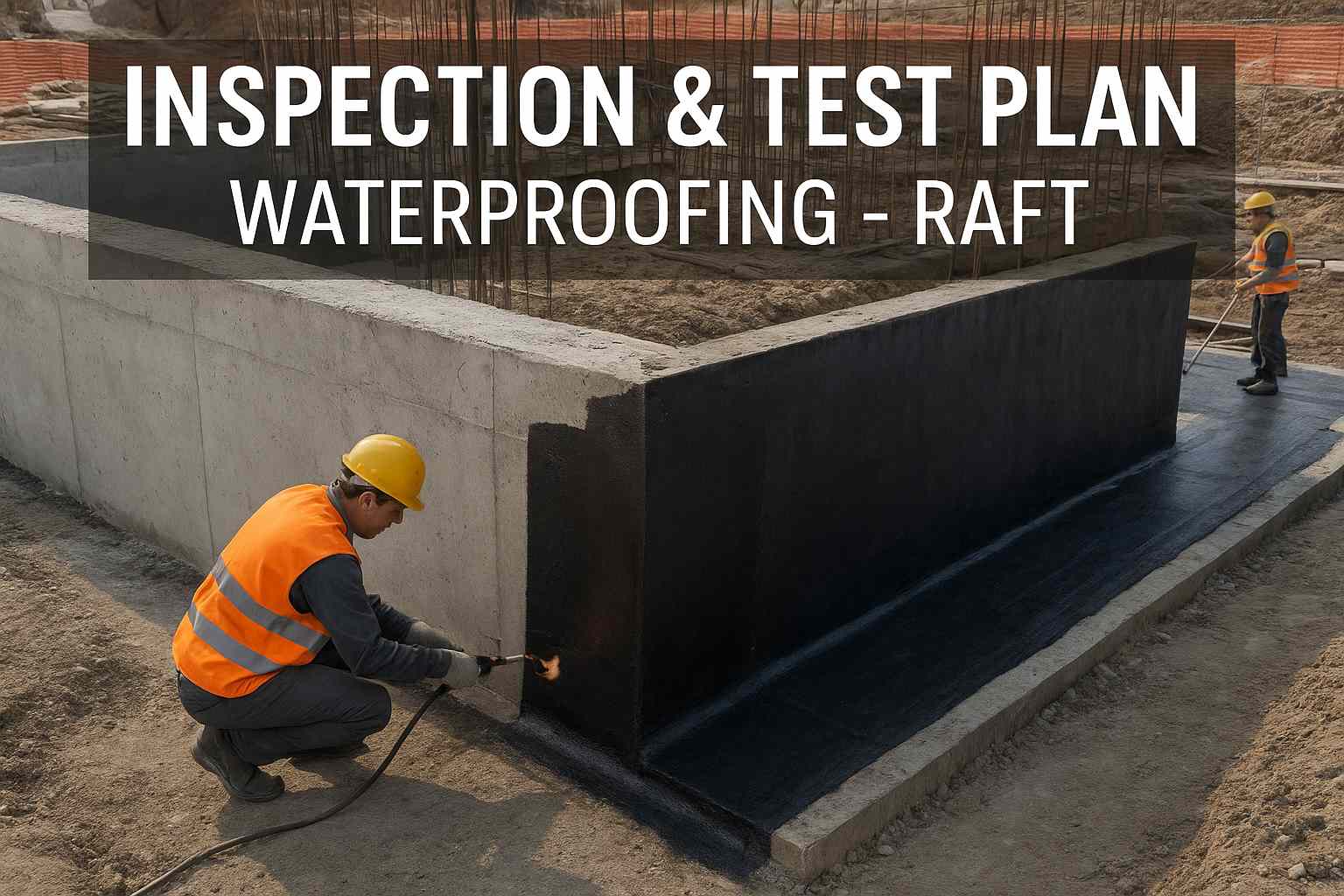 Workers applying waterproofing to the side and base of a raft foundation using torch-on membrane, with title overlay “Inspection & Test Plan – Waterproofing Raft.”