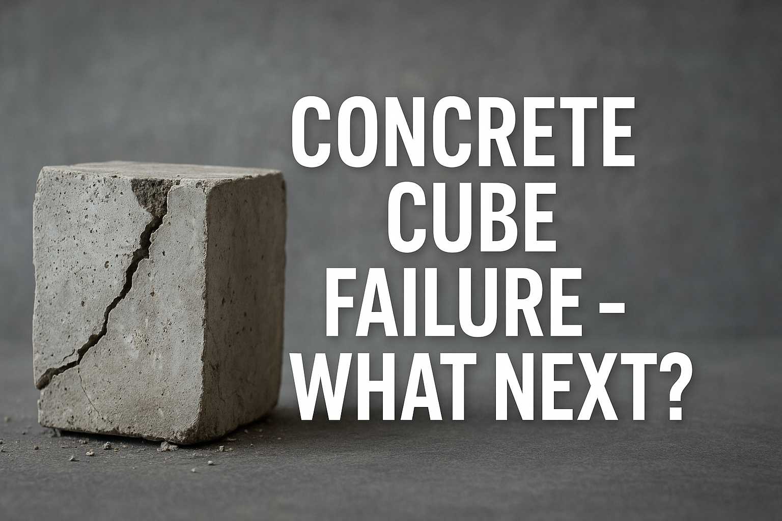 Featured image showing engineers inspecting concrete cube tests at a construction site, with a compression testing machine in the background and the title ‘CONCRETE CUBE FAILURE – WHAT NEXT?’ displayed on the image