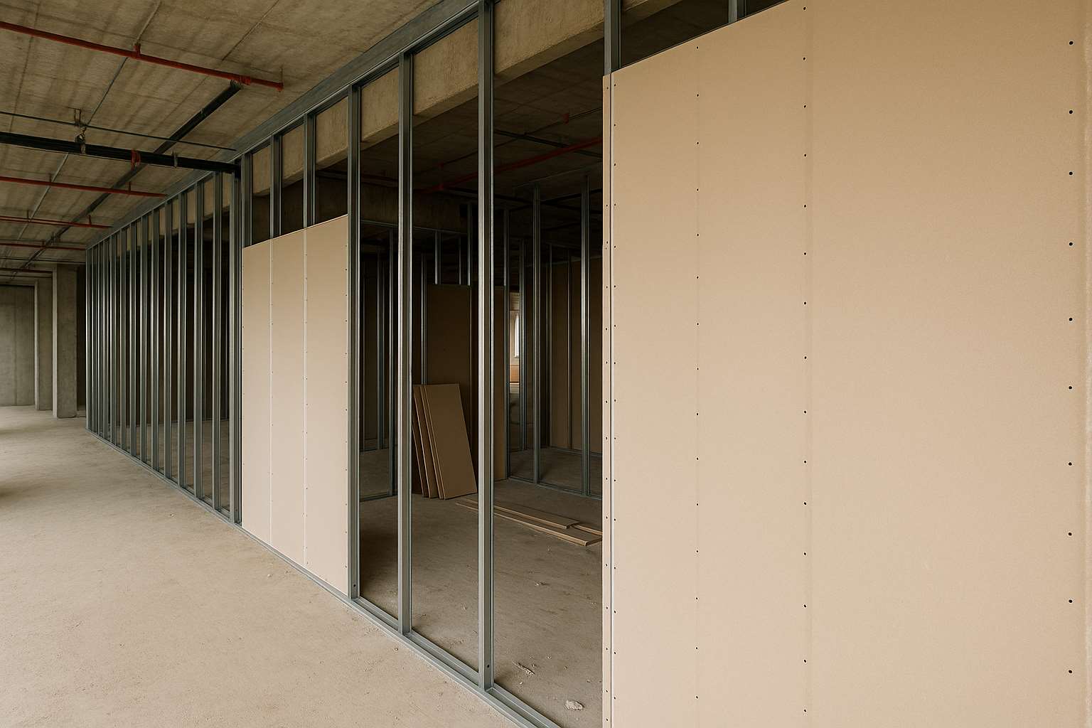 installing gypsum drywall panels on a metal stud framework inside an unfinished building corridor, with one worker on a ladder and the other securing the board