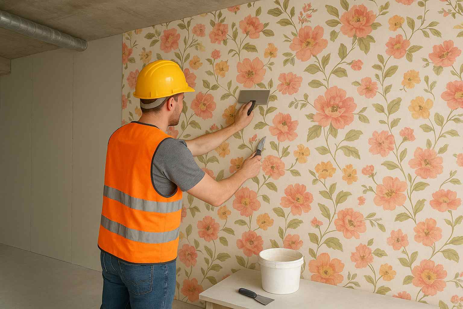 Construction worker installing wallpaper on a gypsum board wall using smoother and adhesive at a real project site.
